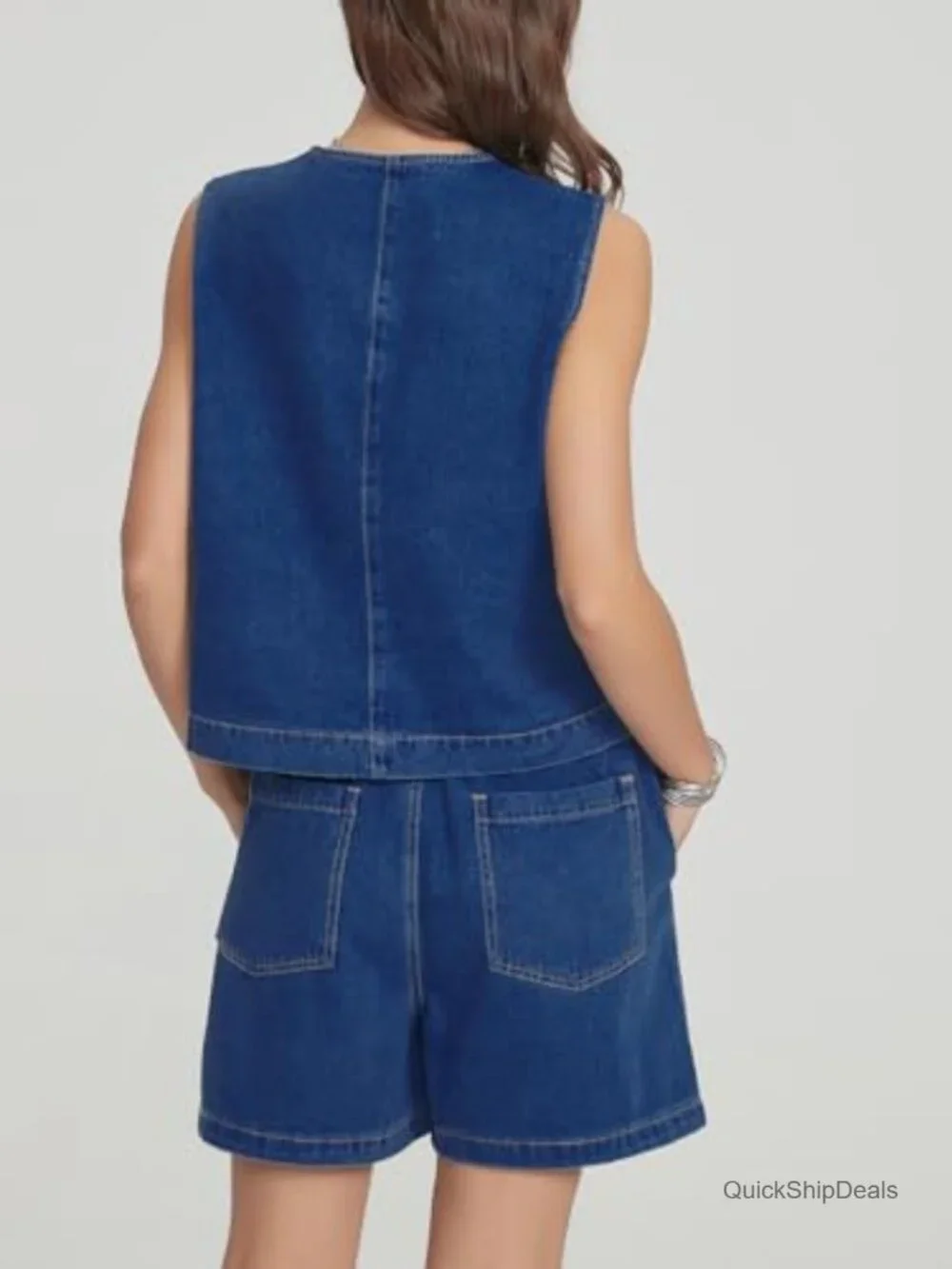 Sleeveless Denim Vest & Elastic Waist Baggy Jean Shorts Matching Set